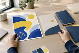 Bureau de branding montrant côte à côte un support de campagne coloré et une carte de marque durable, comparés par une personne.